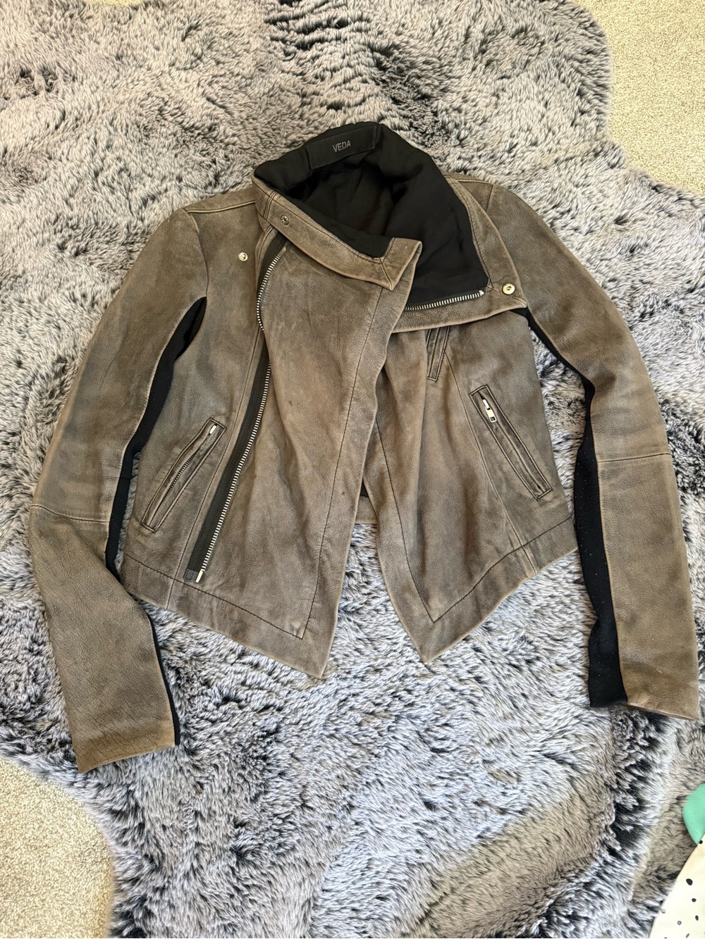 Veda black leather Asymmetrical Moto Jacket with Black Panels
